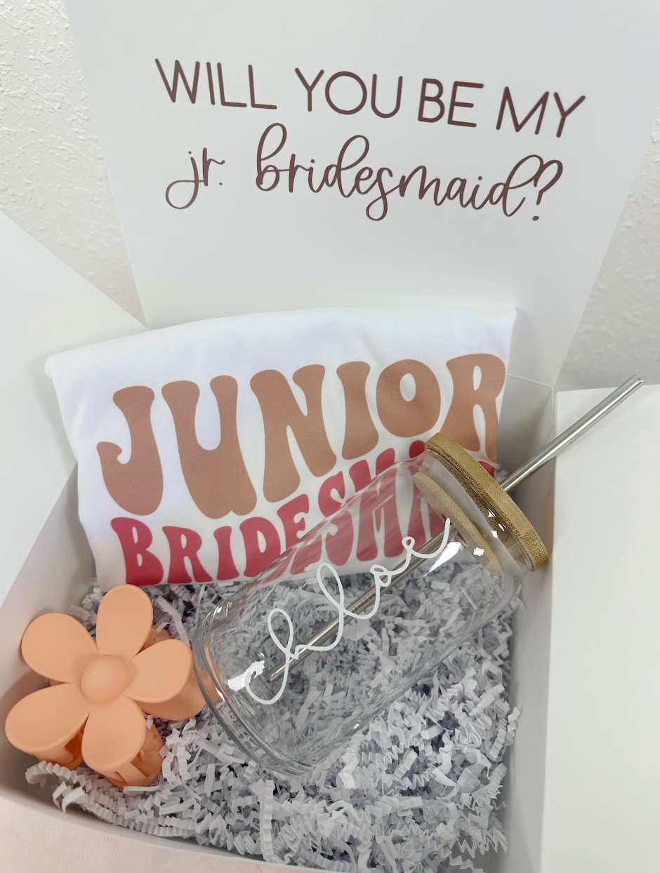 Junior jr bridesmaid proposal box gift idea- junior bridesmaid shirt flower hair clip glass can cup personalized bridal party flower girl