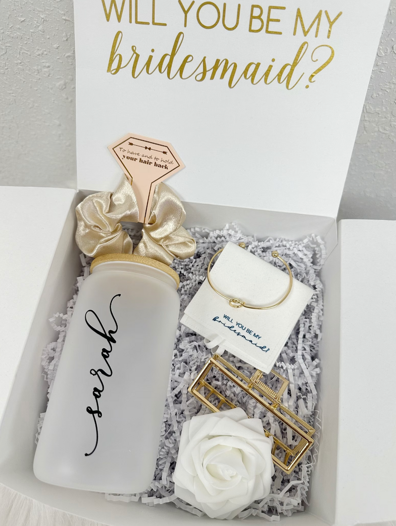 Bridesmaid proposal gift box idea- frosted ice coffee beer can glass hair clip scrunchie personalized gift boxes maid of honor proposal idea