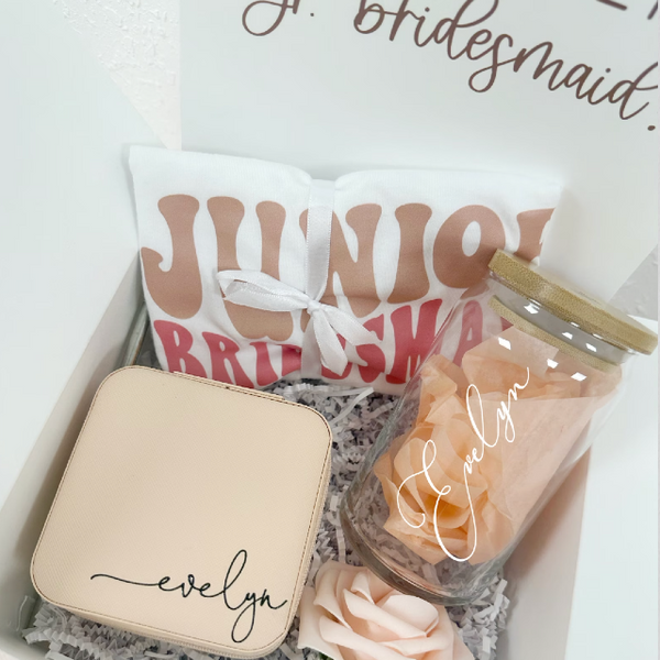 Junior jr bridesmaid proposal box gift idea- junior bridesmaid shirt jewelry box glass can cup personalized bridal party flower girl