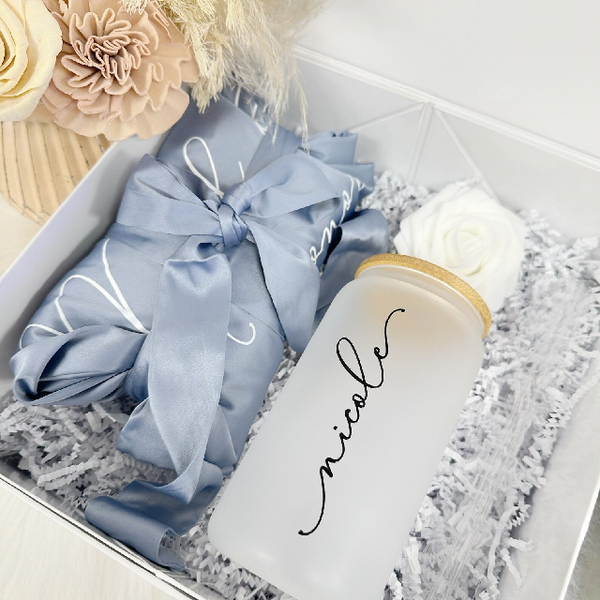 Bridesmaid proposal gift box- personalized bridesmaid frosted can glass- bridesmaid satin lace robe - bridal party robes - maid of honor box
