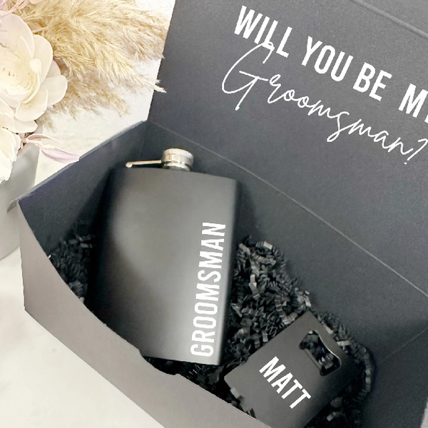 Groomsman proposal box- best man proposal idea- whiskey glass - beer opener- travel wedding flask- bridal party usher father of bride box
