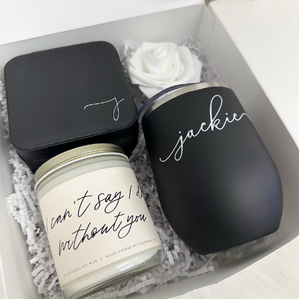 Bridesmaid proposal gift box set idea bridesmaid wine tumbler cant say i do without you candle personalized travel jewelry box will you be