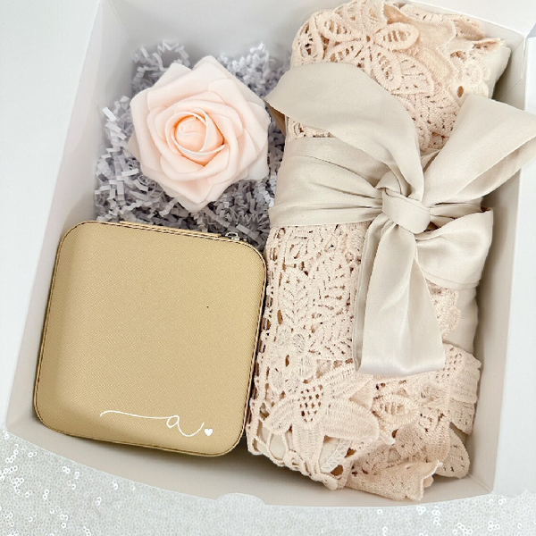 Bridesmaid proposal gift box- personalized bridesmaid satin robe - bridal party robes - will you be my box jewelry travel satin lace- flutes