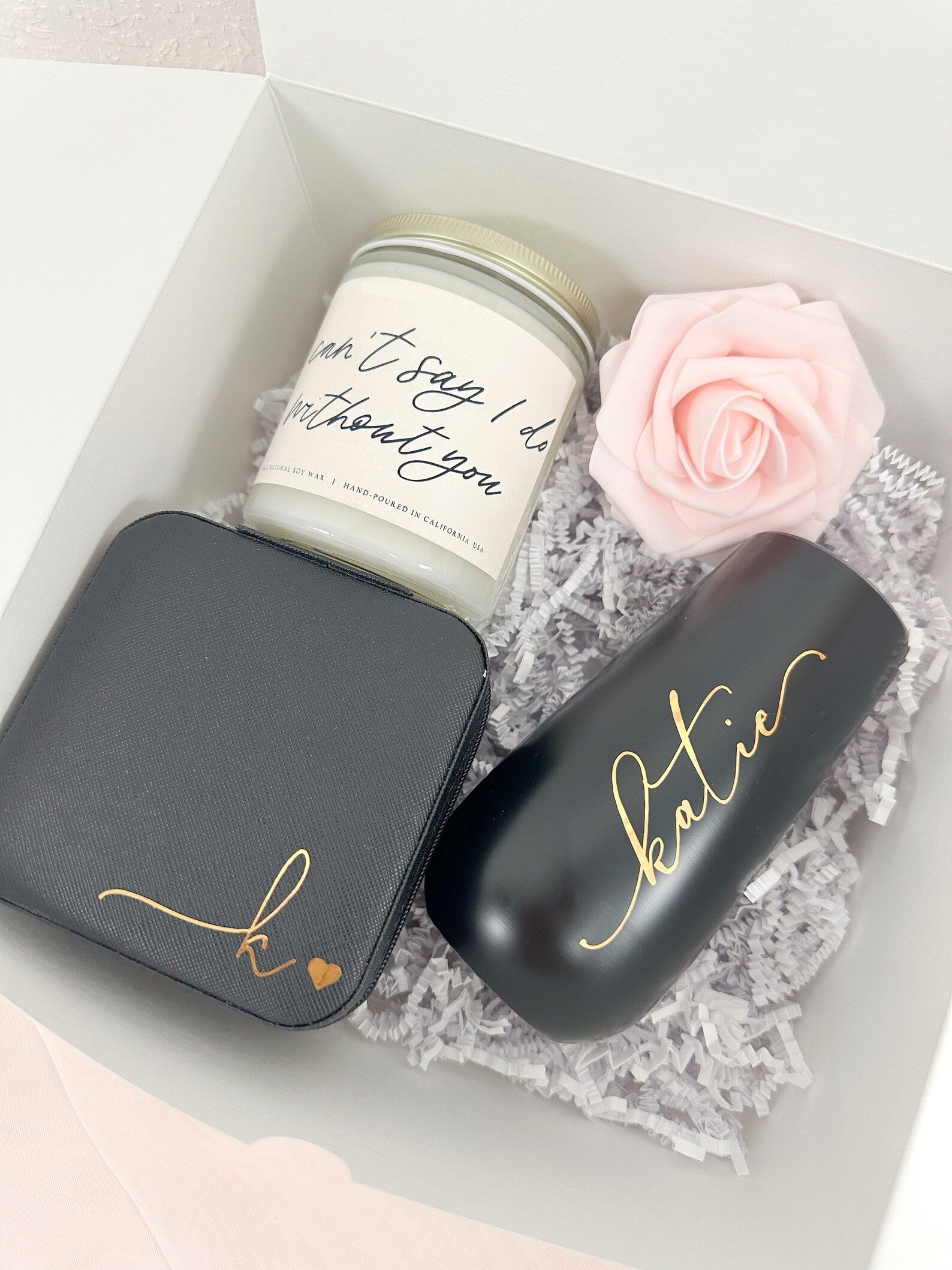 Bridesmaid proposal gift box set idea- bridal party candle personalized champagne flutes tumblers maid of honor box jewelry travel case