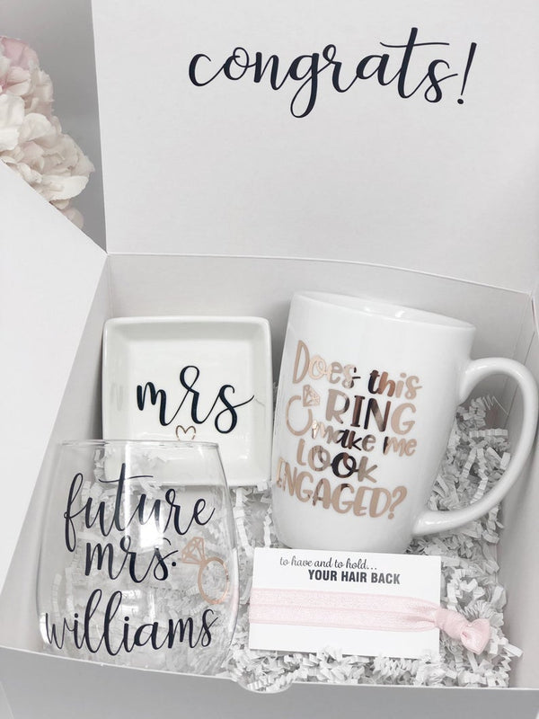 Does this ring make me look engaged mug- future mrs wine glass- bride gift box set for bride to be - engagement gift box - congrats bride