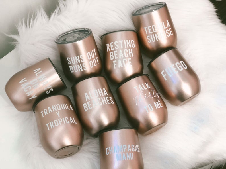 Personalized name wine tumblers- vacation tumblers- bridesmaid bachelorette cups- bridal party tumblers- rose gold swig wine tumblers- custo