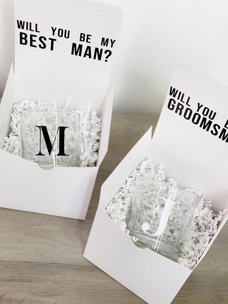 Groomsman whiskey glass set- groomsmen proposal- best man proposal- personalized initial whiskey glass- groomsmen gift ideas - will you be m