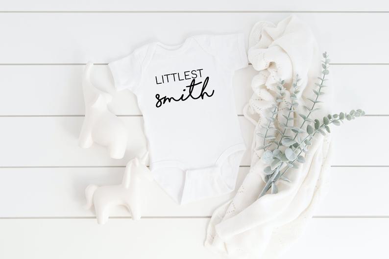 Littlest baby annoucement bodysuit- pregnancy reveal ideas- gender neutral gifts- baby gift basket- big brother shirt- baby brother shirt
