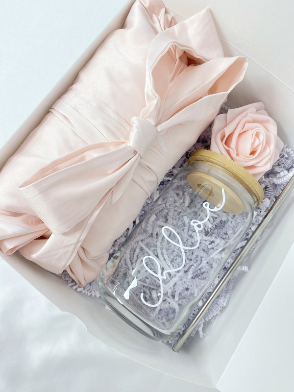 Bridesmaid proposal gift box- personalized bridesmaid ice coffee glass cup- bridesmaid satin robe - bridal party will you be my moh box