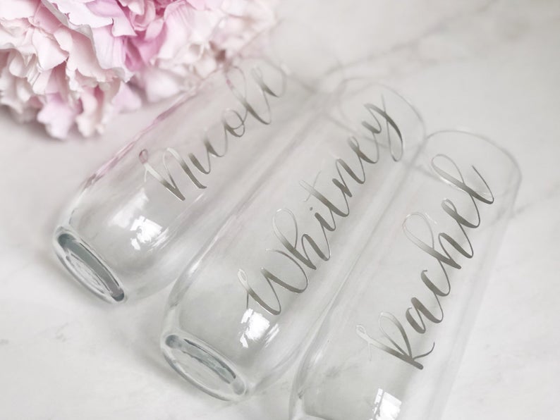 Silver bridesmaid champagne flutes - personalized champagne glass- gift for bridesmaid - bridesmaid proposal champagne flute - stemless