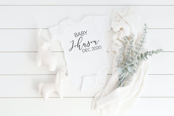 Baby announcement body suit- pregnancy reveal idea - baby name body suit- personalized baby boy girl shirt- last name baby shower gift