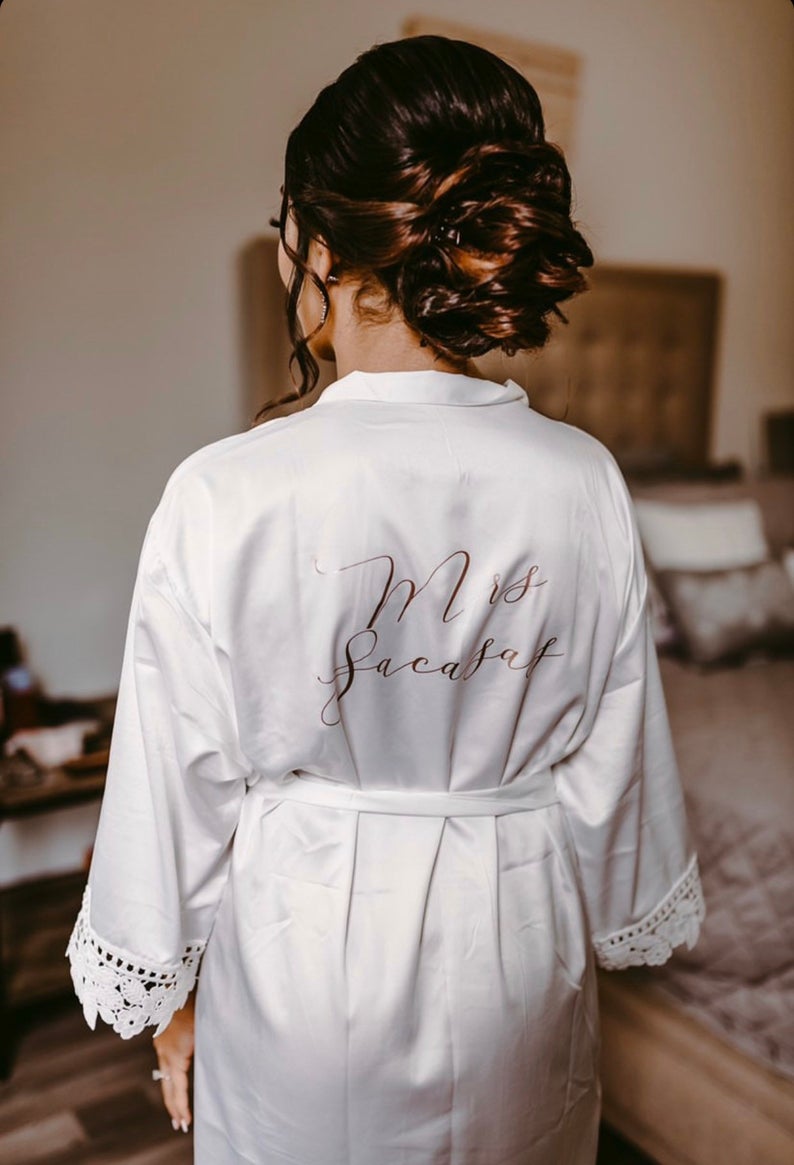 White lace satin bride robe- bridal getting ready robe- personalized wedding day robe for bride to be- gift for bride- silk mrs robe shower