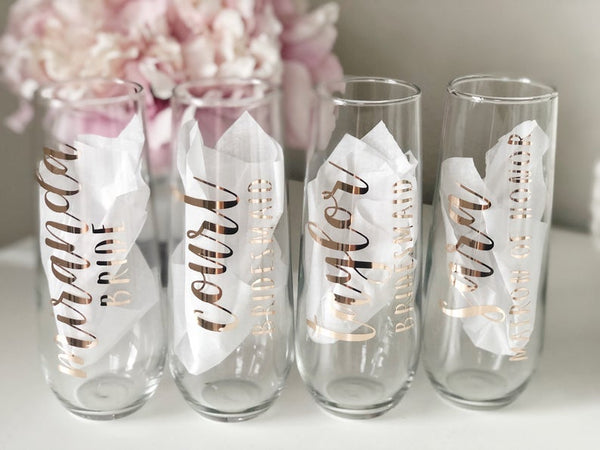 Rose gold champagne flutes- personalized champagne flutes- bridesmaid proposal box champagne flutes- wedding party champagne glasses-