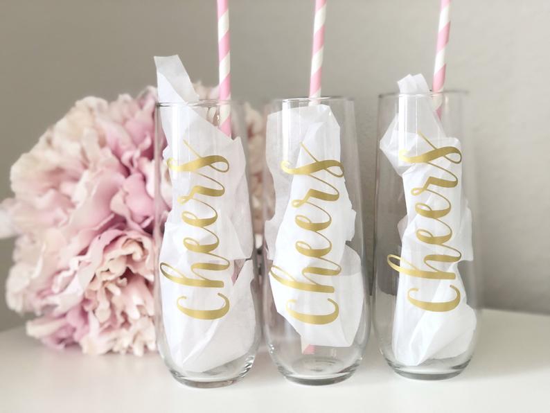 Cheers champagne flutes- cheers champagne glasses- stemless champagne flutes- personalized flutes- gold champagne flutes- bachelorette flute