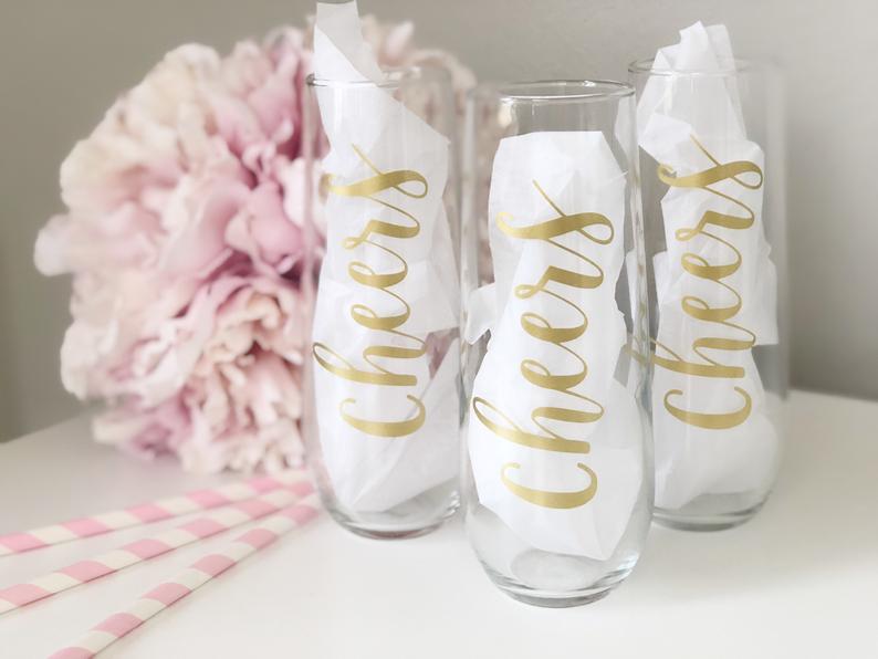 Cheers champagne flutes- cheers champagne glasses- stemless champagne flutes- personalized flutes- gold champagne flutes- bachelorette flute