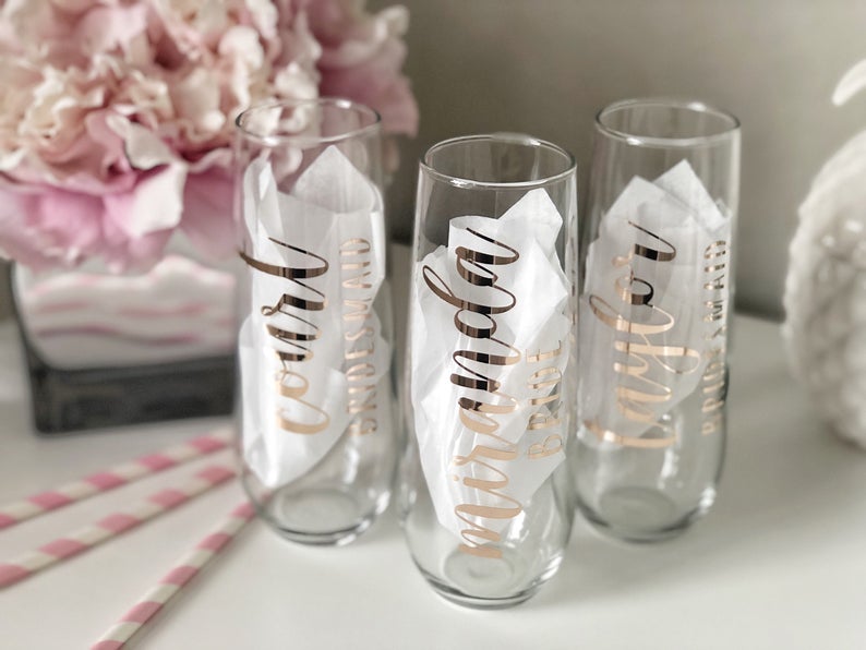 Rose gold champagne flutes- personalized champagne flutes- bridesmaid proposal box champagne flutes- wedding party champagne glasses-