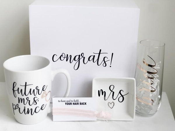 Bride gift box set - engagement gift box- future mrs gift set- bride mug champagne flute ring dish congratulations gift box set for bride to
