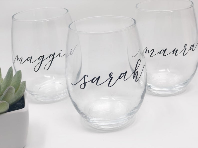 Personalized bridesmaid wine glasses- wine glass with name- bridesmaid proposal gift- gift for bridal party wine- wedding bride wine glass-