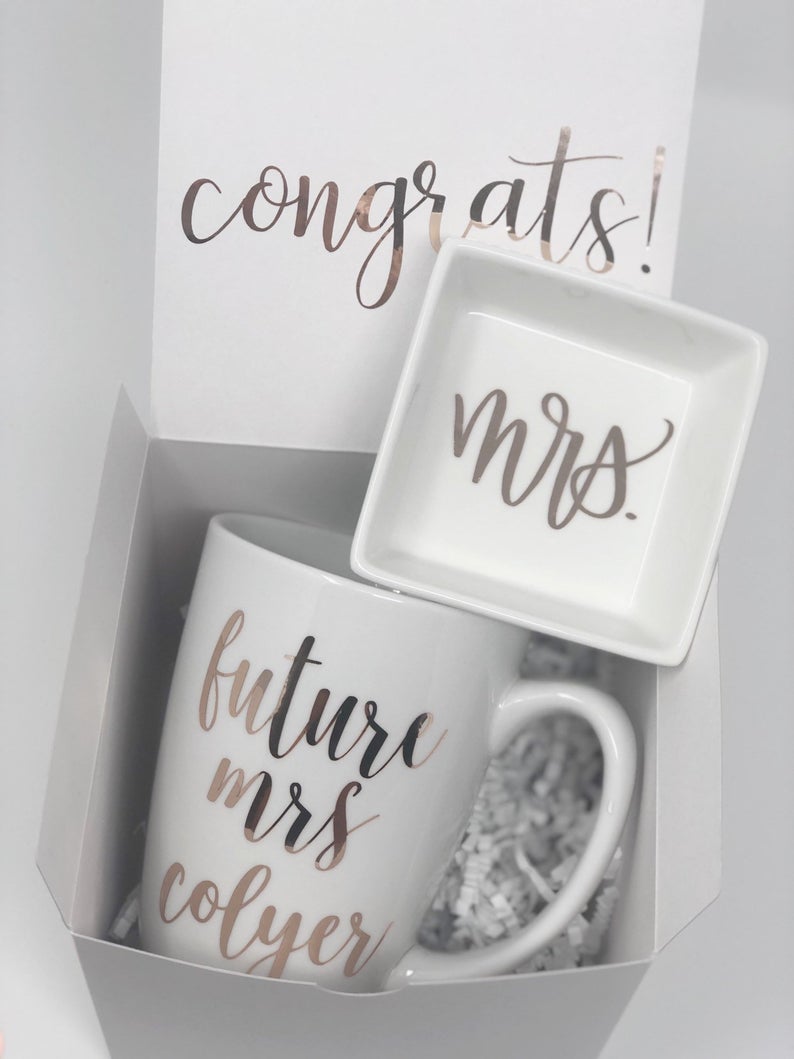 Future mrs gift box set- bride to be gift box- engagement gift box- wedding gift box set - future mrs mug ring dish gift box set for bride