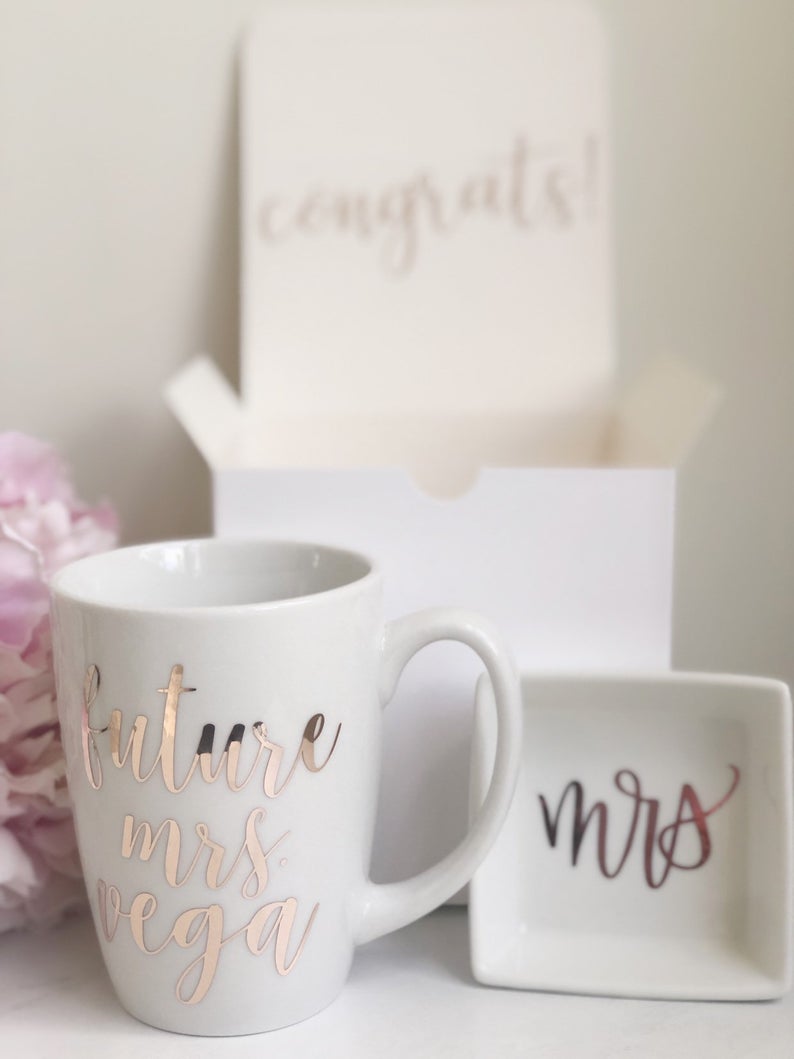 Future mrs gift box set- bride to be gift box- engagement gift box- wedding gift box set - future mrs mug ring dish gift box set for bride