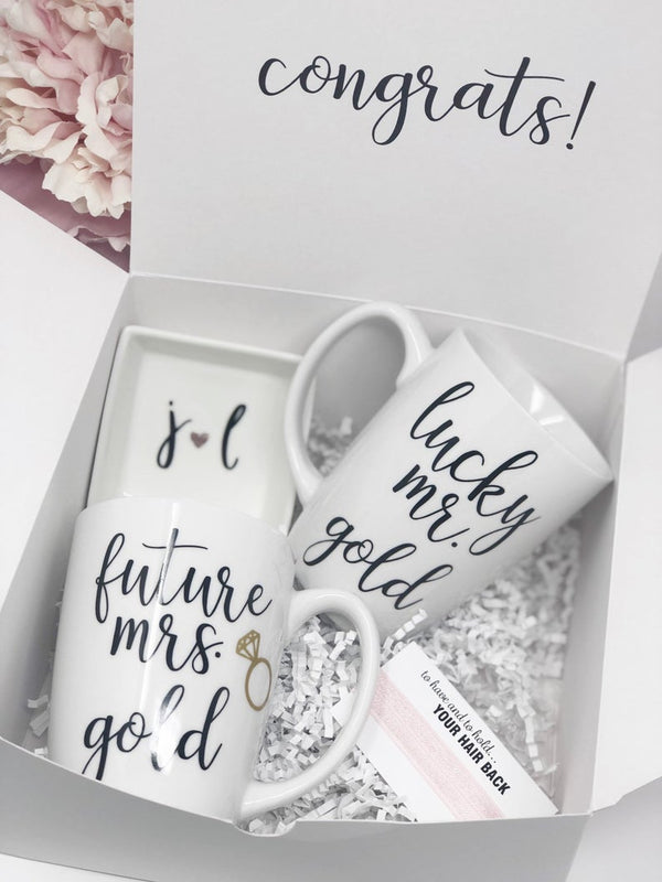 Future mrs lucky mr mugs gift set- engagement gift for the couple- personalized couples mug set- initial ring dish- wifey and hubby mugs-