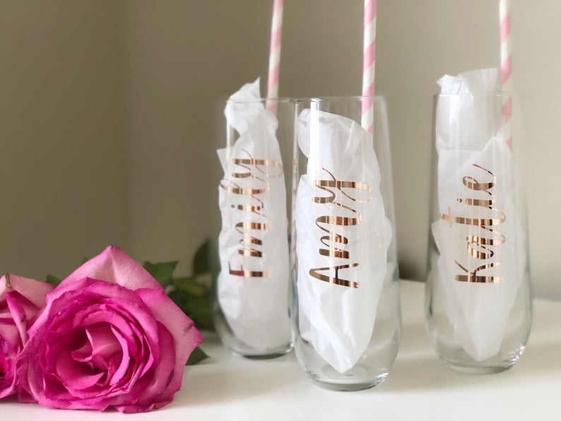 Rose gold champagne flutes- personalized bridesmaid champagne flutes - bridesmaid champagne glasses- champagne flute- bridesmaid proposal