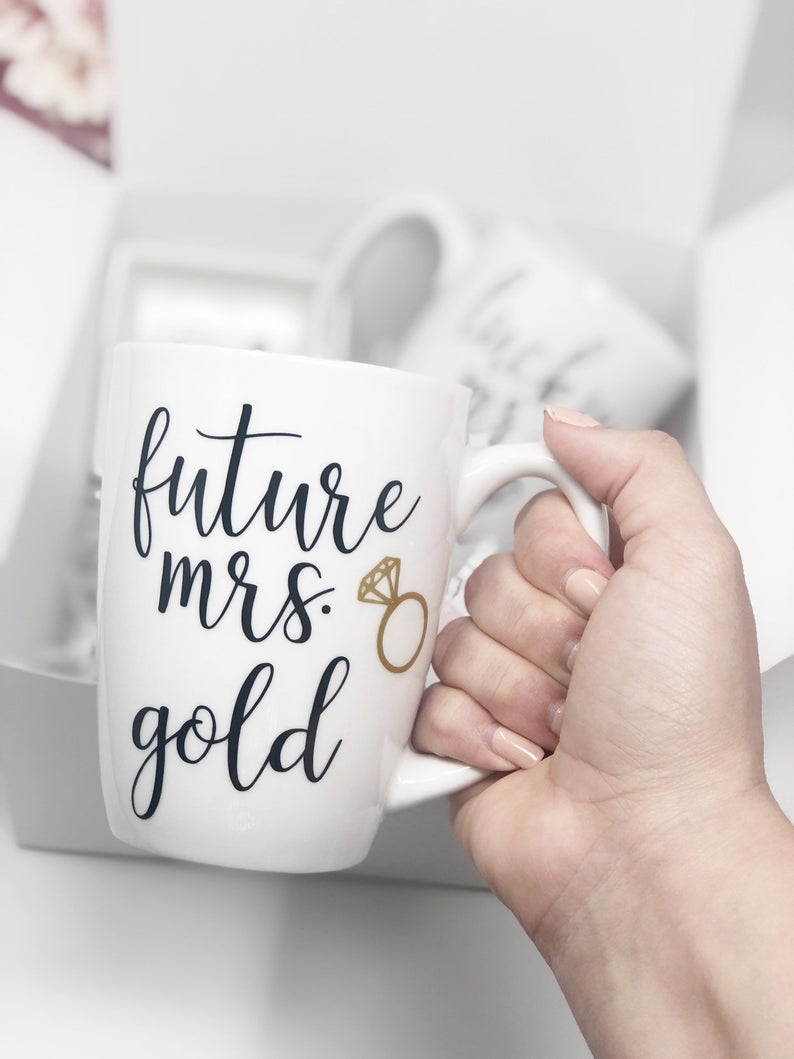 Future mrs lucky mr mugs gift set- engagement gift for the couple- personalized couples mug set- initial ring dish- wifey and hubby mugs-