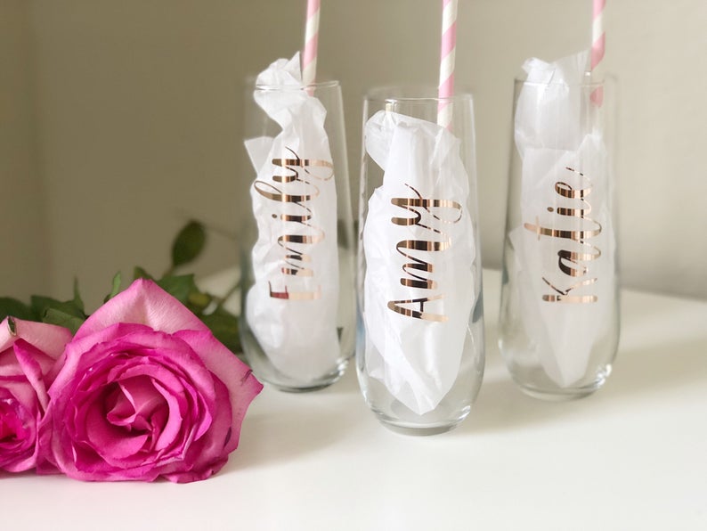 Rose gold champagne flutes- personalized bridesmaid champagne flutes - bridesmaid champagne glasses- champagne flute- bridesmaid proposal