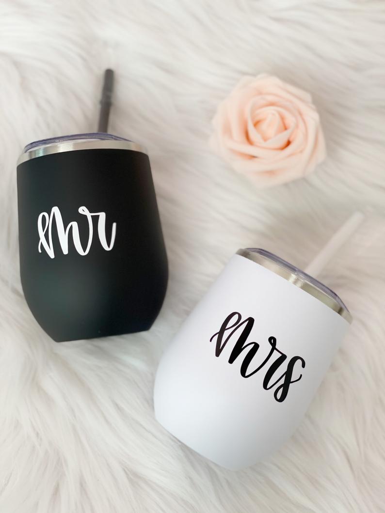 Mr and Mrs stainless steel wine tumblers- honeymoon tumblers- personalized wifey hubby tumblers- bride and groom gifts- future Mrs lucky mr