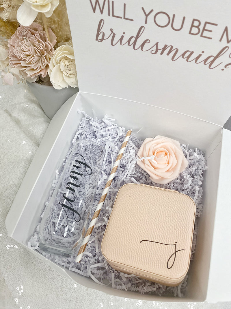Bridesmaid proposal gift box set- bridesmaid personalized champagne flute- maid of honor proposal- personalized travel jewelry case