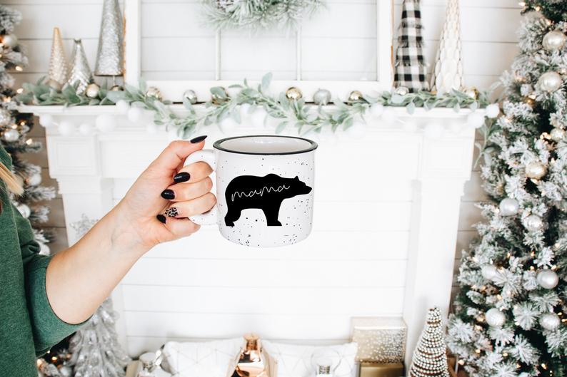 Mama bear campfire mug- speckled polka dot mug- gift for new mom- baby shower baby pregnancy reveal idea- new mama push present- mommy mugs