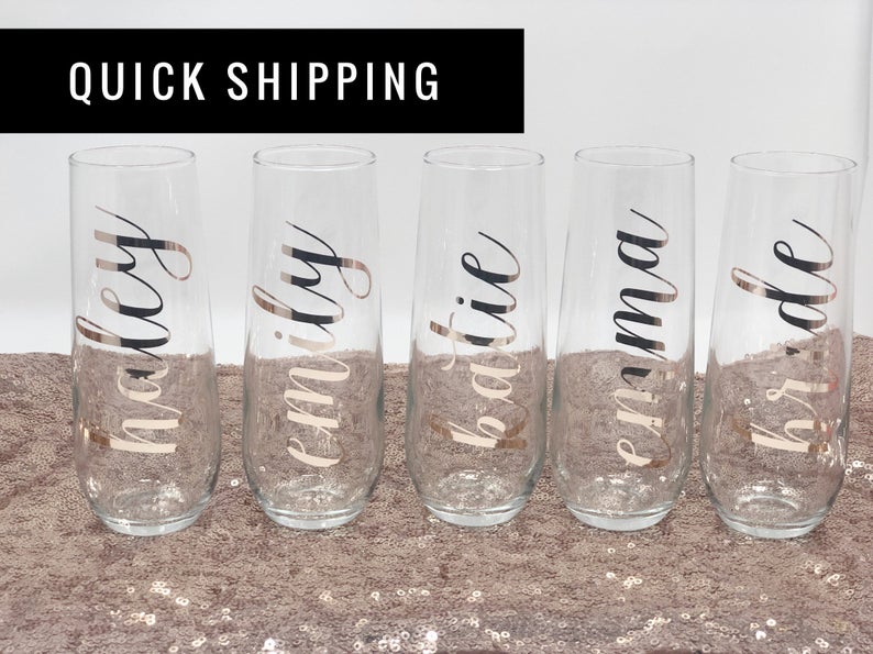 Rose gold bridesmaid champagne flutes- bridesmaid gift- personalized champagne flute- bridemaid proposal- glass champagne custom for bridal