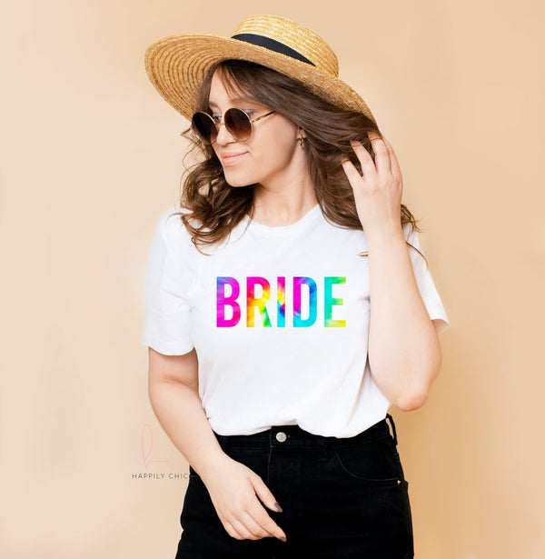 Tie dye bride tribe shirts- bachelorette trip weekend shirt ideas- bridesmaid tank tops- bridesmaid proposal gifts- bride squad unique shirt