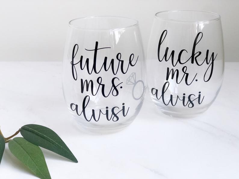 Personalized future mrs lucky mr wine glass set- mr and mrs wine glasses- his and hers wine tumblers- wifey and hubby wine glass- engagement