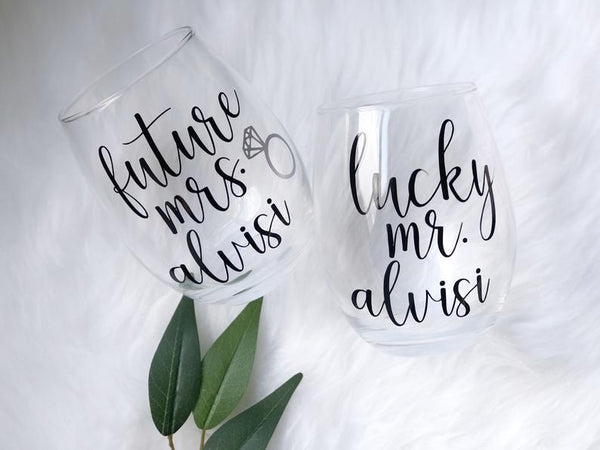 Personalized future mrs lucky mr wine glass set- mr and mrs wine glasses- his and hers wine tumblers- wifey and hubby wine glass- engagement