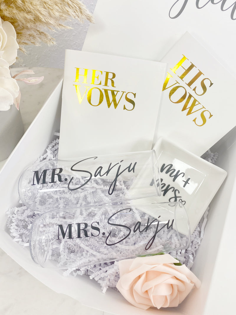 Bride and groom engagement gift box set for couple- mr and mrs engagement gift box set- champagne flutes vow books ring dish gift set for mr