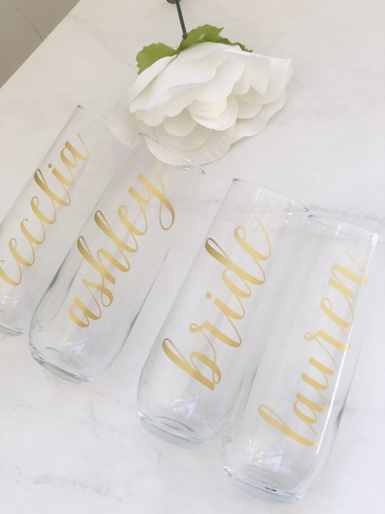 Personalized gold champagne glass- bridesmaid champagne flutes- wedding champagne flutes- bridesmaid proposal box gift idea- bridal party
