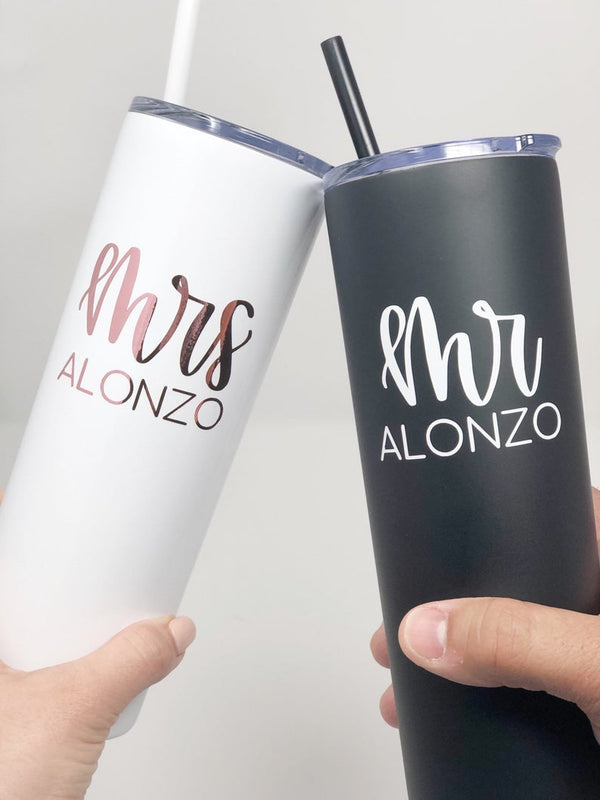 Mr and mrs skinny tumbler gift set- personalized honeymoon tumblers- mr and mrs gifts- gift for bride and groom cups- wifey and hubby tumble