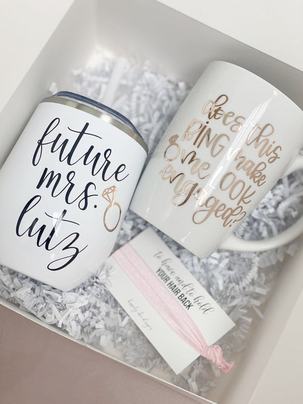 Does this ring make me look engaged bride gift box set- personalized future Mrs wine tumbler - engagement mug- engaged af gift for bride to