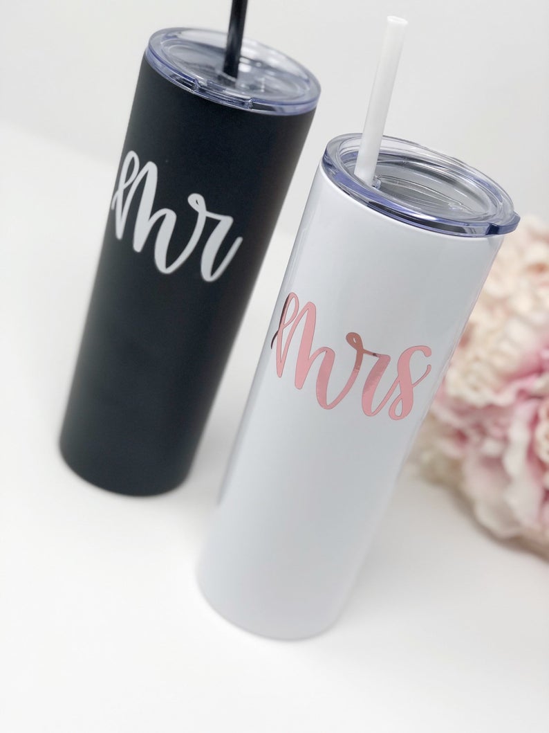 Mr and mrs skinny tumbler gift set- personalized honeymoon tumblers- mr and mrs gifts- gift for bride and groom cups- wifey and hubby tumble
