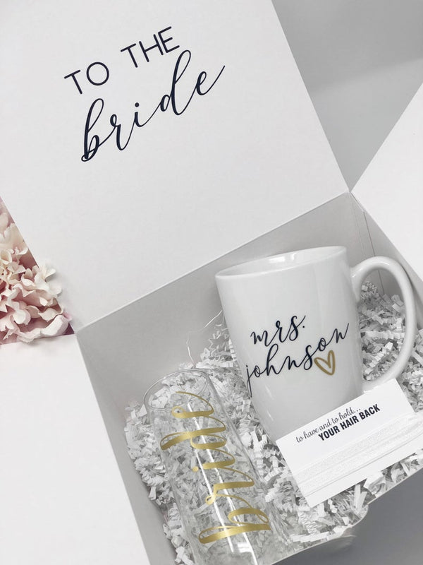 For the bride gift box set - personalized bride day of wedding gift - mrs mug- wifey mug- just married anniversary gift box set- future mrs