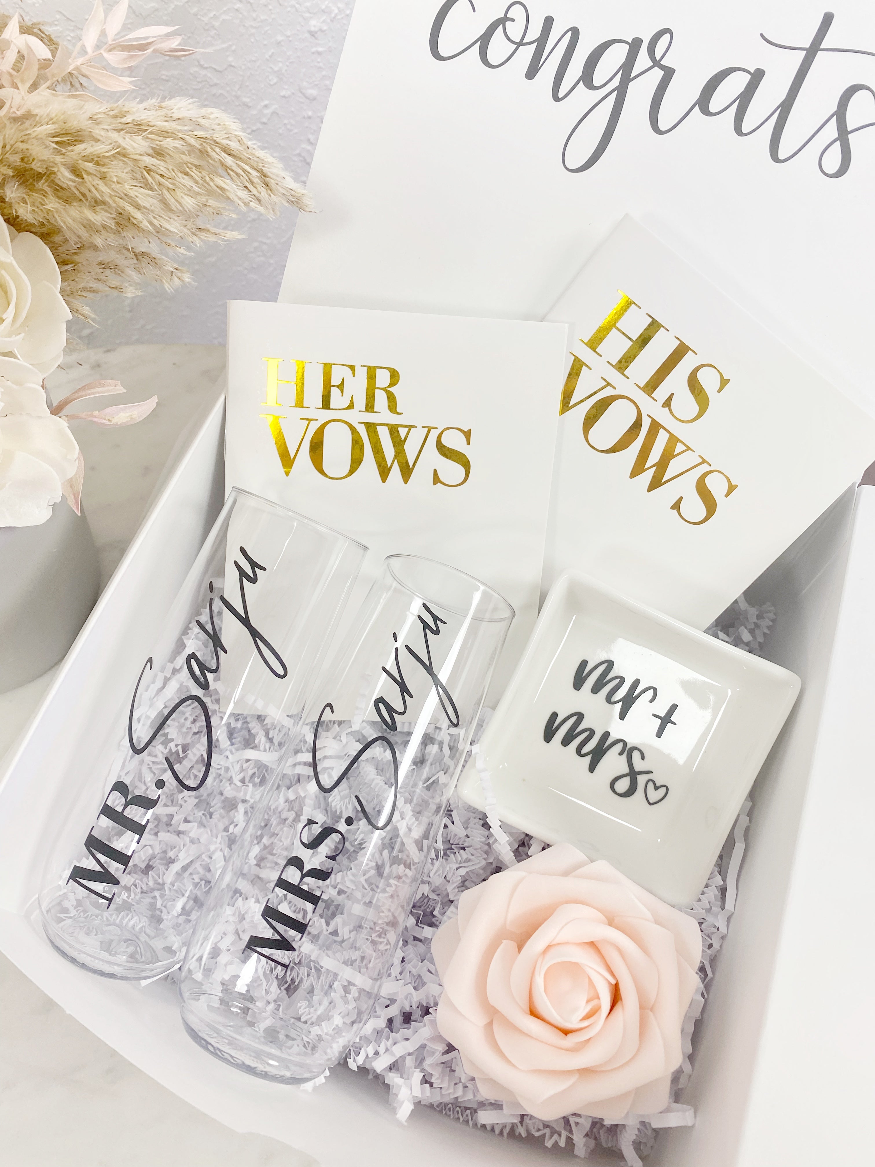 Bride and groom engagement gift box set for couple- mr and mrs engagement gift box set- champagne flutes vow books ring dish gift set for mr