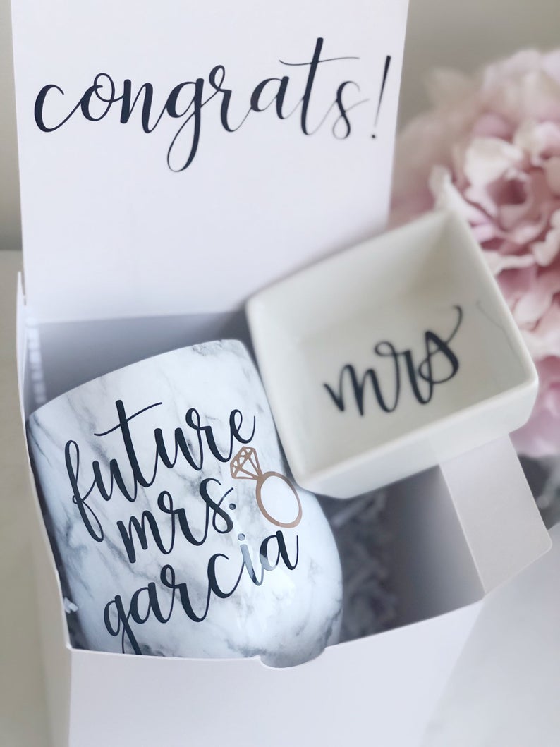 Personalized future mrs marble wine tumbler- stainless steel wine tumbler for bride - engagement gift box set- bride gift box set tumbler