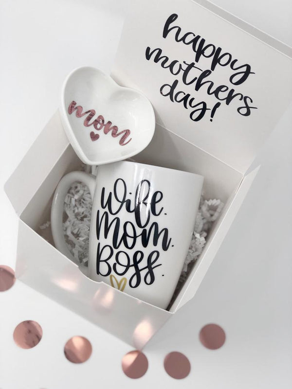 Wife mom boss mug gift box set- gift set for mom- mompreneuer gift box for first Mother's Day- girl boss mug gift- mommy mama mugs gifts