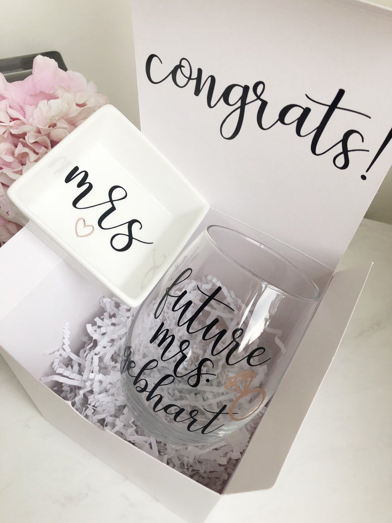 Engagement gift box - bride to be gift box- future mrs wine glass gift box set- bride wine tumbler gift idea - mrs wine glass ring dish set