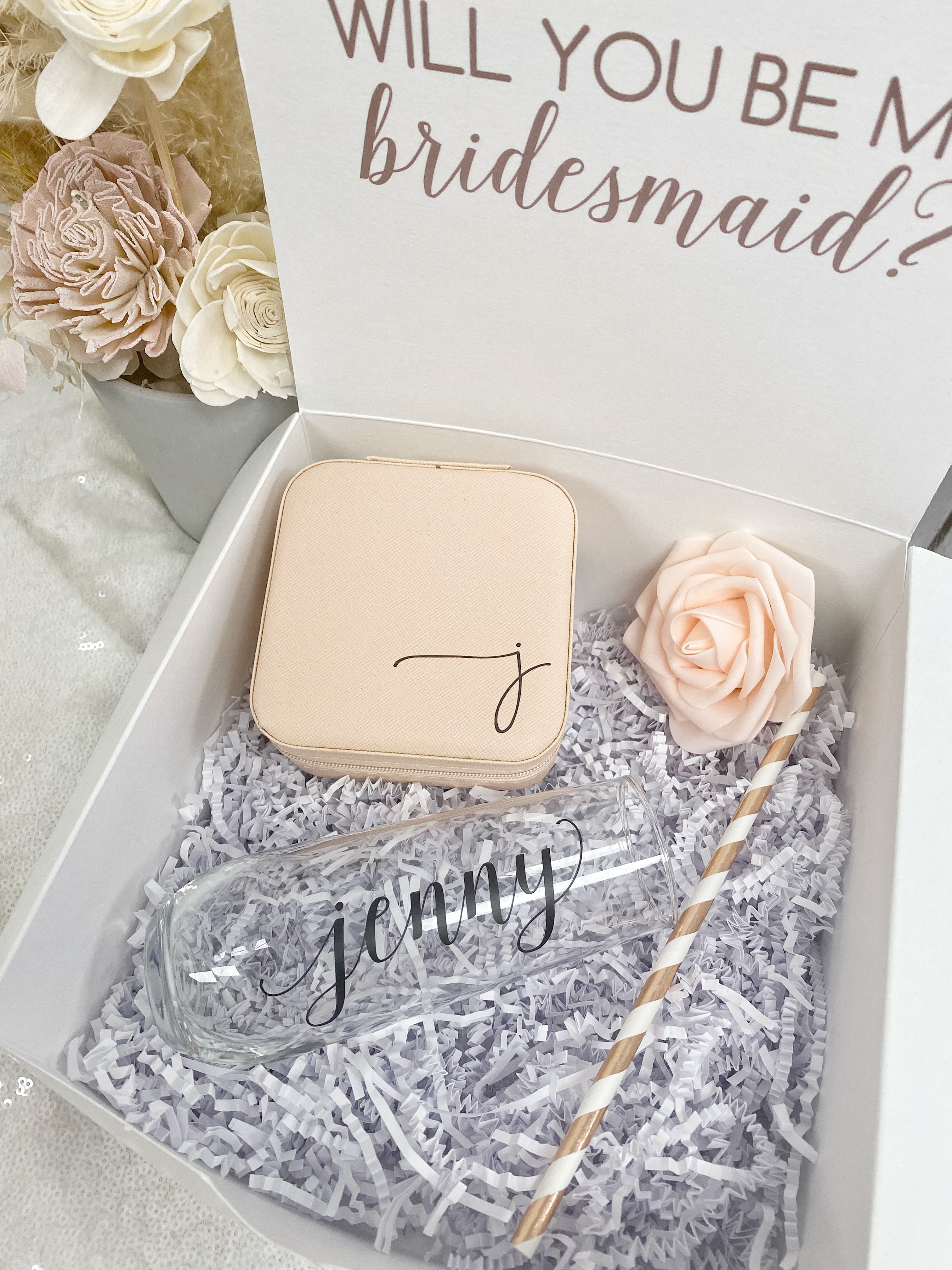 Bridesmaid proposal gift box set- bridesmaid personalized champagne flute- maid of honor proposal- personalized travel jewelry case