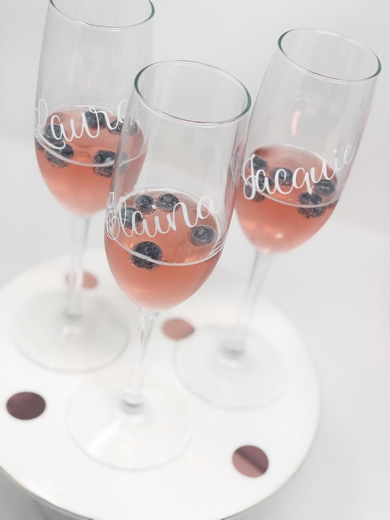 Personalized bridesmaid stemmed champagne glasses- set of champagne flutes- bridesmaid wedding bridal party champagne flute proposals gift