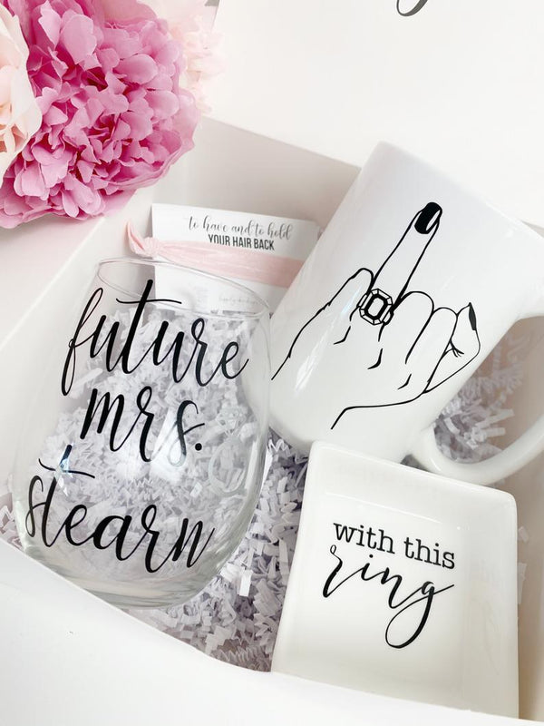 Bride ring finger gift set- future mrs engagement gift idea for bride to be- bridal gift box set- future Mrs wine glass- engaged af fiancee