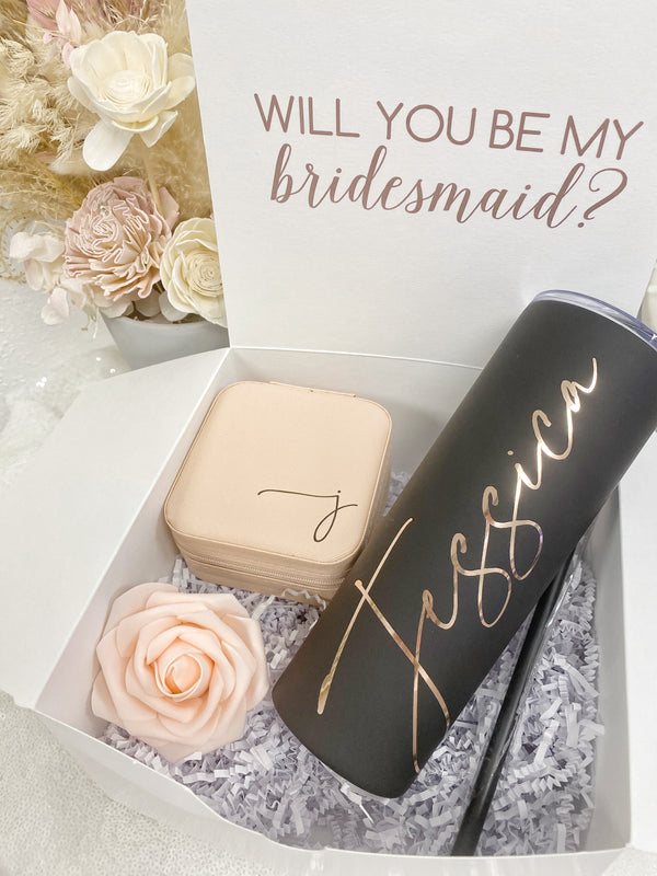 Bridesmaid proposal gift box set- bridesmaid stainless steel tumbler with straw- maid of honor proposal- personalized travel jewelry case