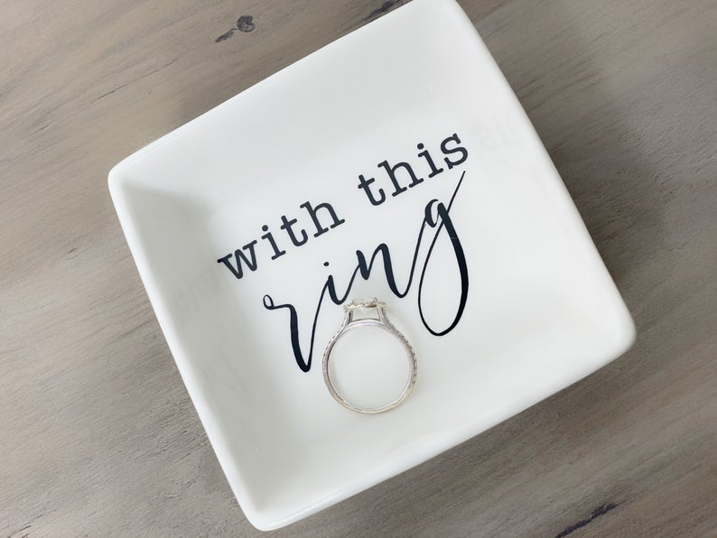 With this ring trinket dish- gift for bride- engagement gift idea- bride ring dish- ring holder for newlyweds - wedding day gift for the bri